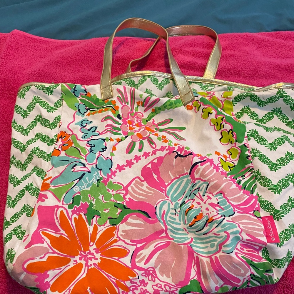Lilly Pulitzer Pink and Gold Tropical Tote